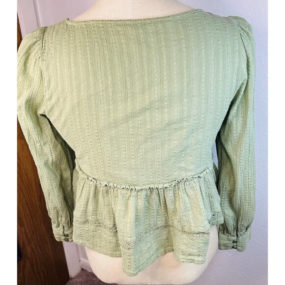 American Eagle Baby Doll Peasant Top Womens S Green 100% Cotton Crepe Lace Cute - Picture 3 of 7